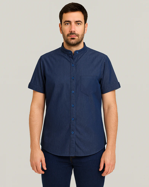 Camisa En Chambray Manga Corta Cuello Nerú Para Hombre Ref: 122