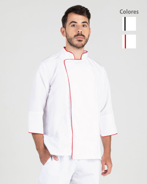 Chaqueta Para Chef En Antifluido Unisex Blanca Sesgo Rojo o Negro Ref: 011