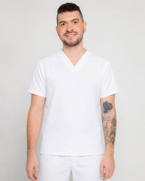Camisa En Antifluido Cuello V Unisex Blanca Sin Bolsillo Ref: 019
