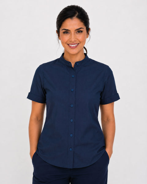 Camisa En Chambray Manga Corta Cuello Nerú Para Mujer Ref: 121