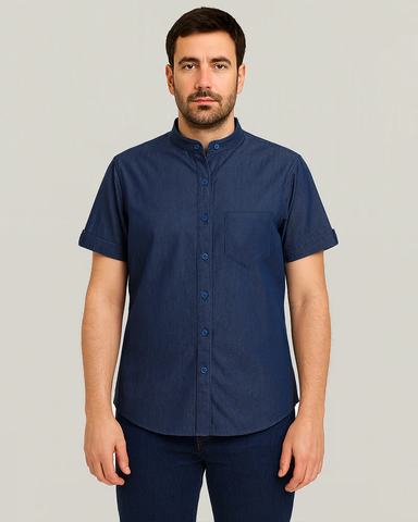 Camisa En Chambray Manga Corta Cuello Nerú Para Hombre Ref: 122
