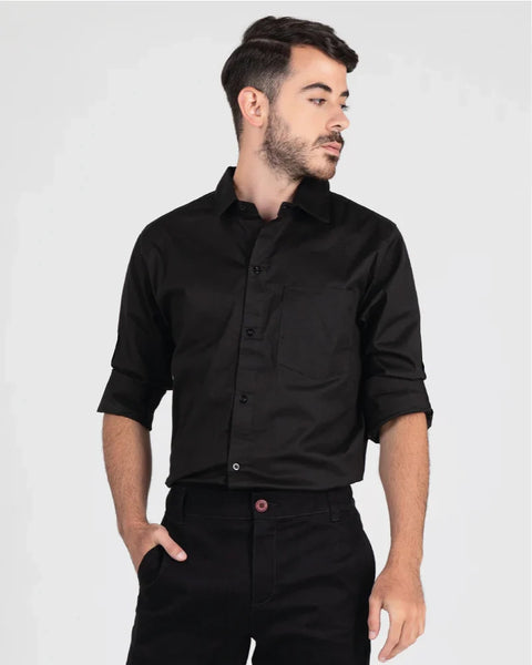 Camisa En Popelina Manga Larga Hombre Negra Ref: 090