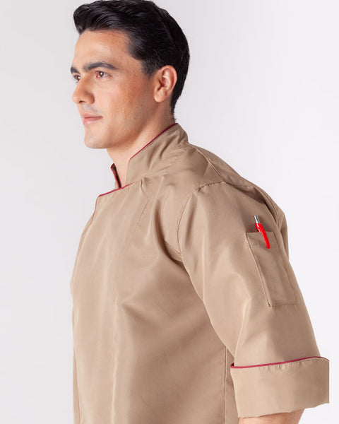 Chaqueta Para Chef En Antifluido Unisex Caqui Sesgo Vinotinto