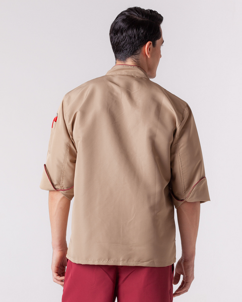 Chaqueta Para Chef En Antifluido Unisex Caqui Sesgo Vinotinto Ref: 011